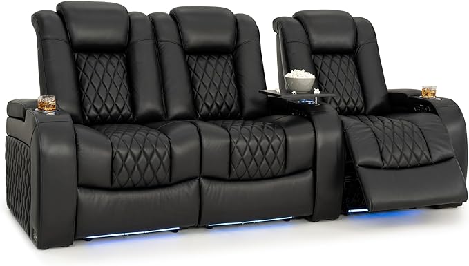 Seatcraft Diamante Zero-Gravity CoolZero Italian Leather Home Theater Seating, Power Headrest, Power Recline, Row of 3 Left Loveseat, Black