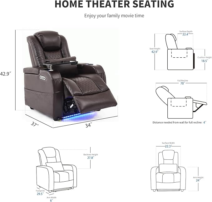Home Theater Seating Seats, Game Movie Theater Chairs Theater Recliner Sofa with 7 Colors Ambient Lighting, Lumbar Pillow, Side Pocket, Tray Table, Power Recliner