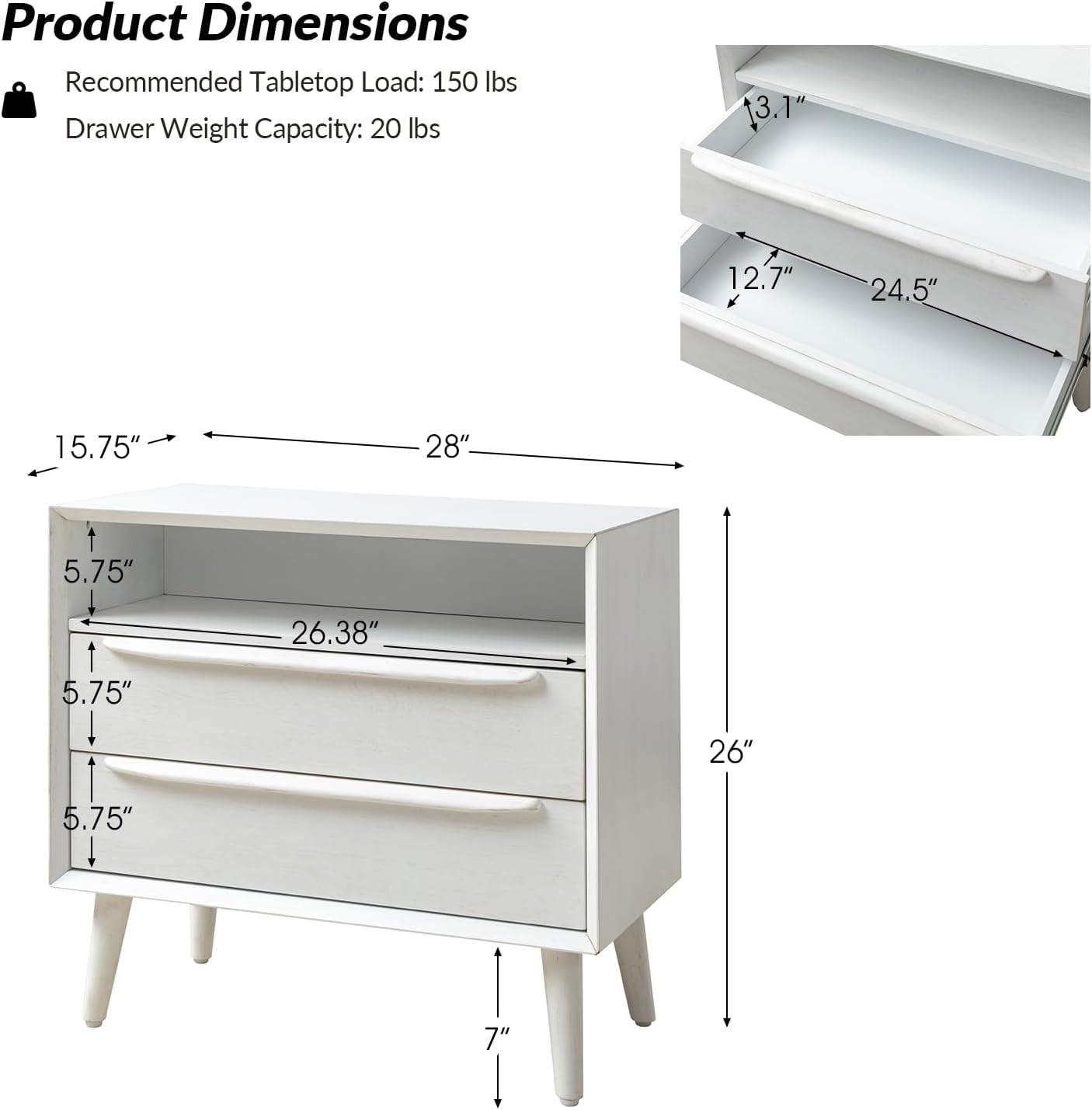 HULALA HOME Nightstand with Charging Station, Mid-Century Modern 2 Drawer and Open Shelf Dresser for Bedroom, Fluted Bedside Table, White