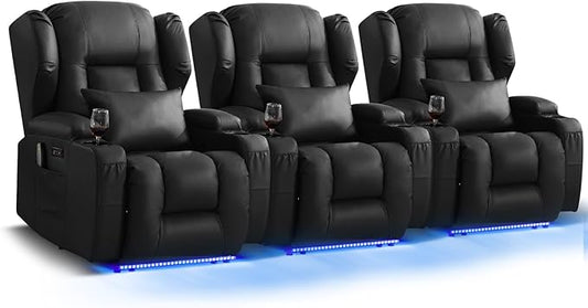 Wall Hugger Power Recliner Chair, Home Theater Seating Electric Recliing Sofa with Massage & Heat, Cup Holder, USB Port, LED Ambient Light, Storage for Living Room (Black, 3 Chairs)