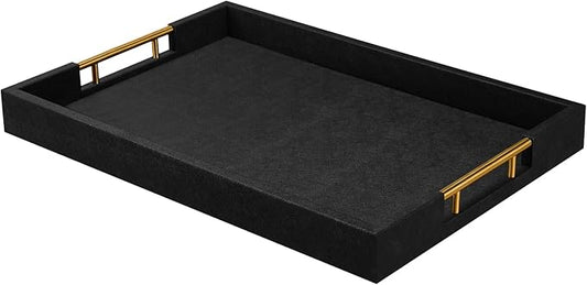 14x20 Inches Black Faux Leather Wrappen Wood Serving Tray with Metal Handles for Various Occasions, Ottoman, Home Decor Decorative, Living Room, Coffee Table Organizer, Serving Breakfast On Bed