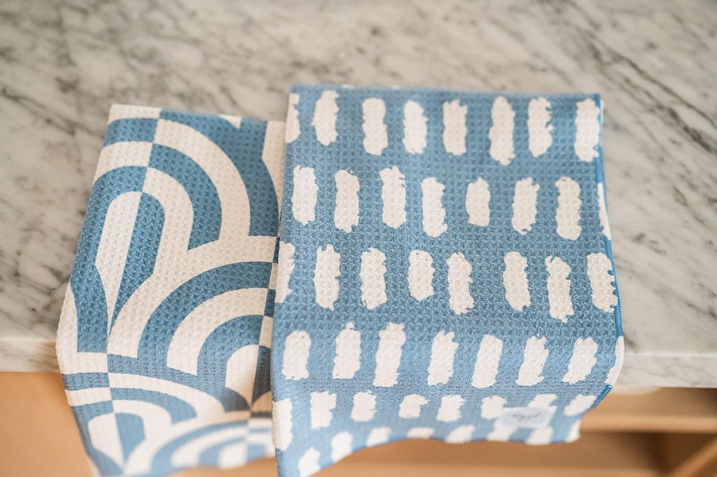 2 Pack Double Sided || Not Your Ordinary Kitchen Towels || Dish Towels || Quick Dry || Waffle Weave Microfiber|| Highly Absorbent || Hanging Hook (Blue Geometric)