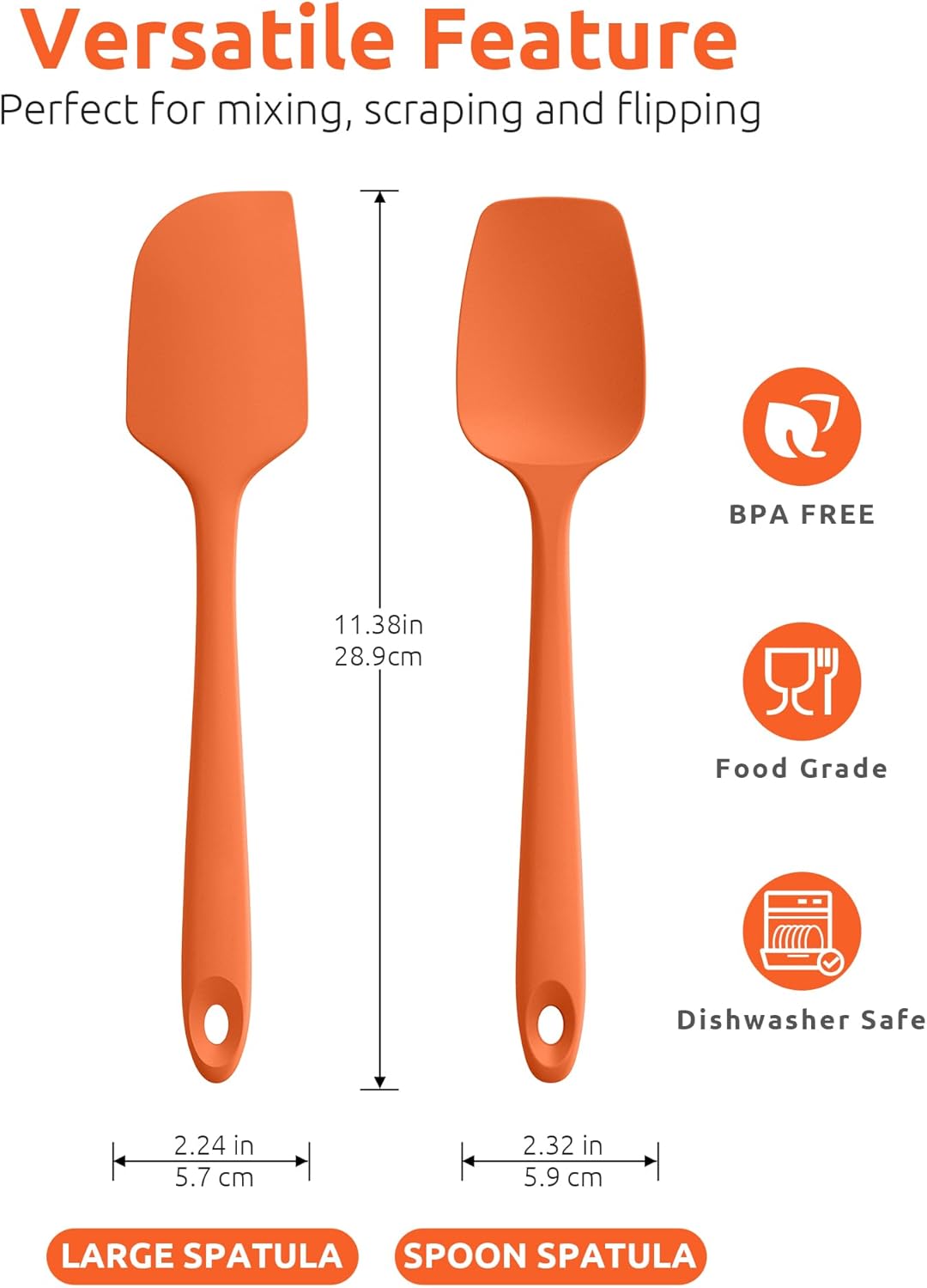 U-Taste Flat Spatula & Spoon Spatula: 11.38in 600ºF Heat Resistant Silicone Bowl Scraper, Flexible Rubber Kitchen Cooking Mixing Utensil with Upgraded Non-Stick Surface (Set of 2, Orange)