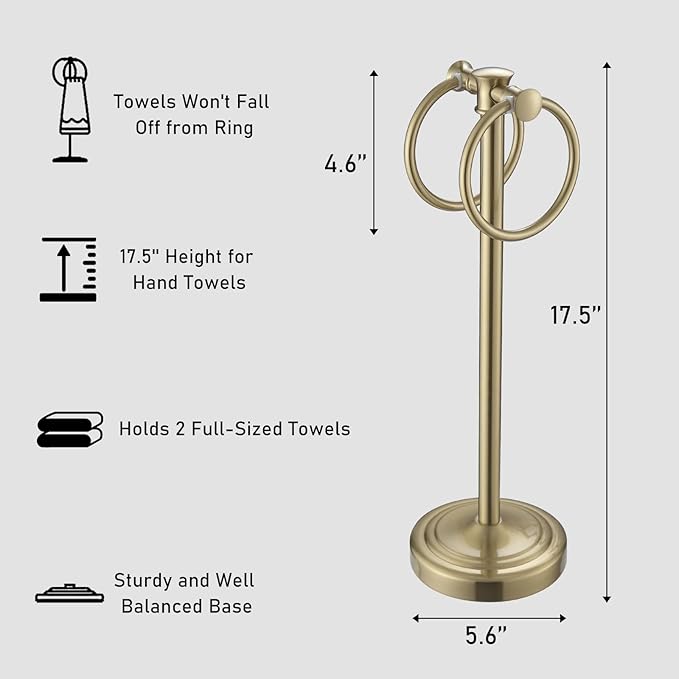 Hoimpro 17" Brushed Gold Free Standing Towel Rack Bracket, Double Towel Ring Hand Towel Stand Holder, Bathroom Hardware Accessories Set Towel Bar for Bathroom Vanities and Kitchen Countertops