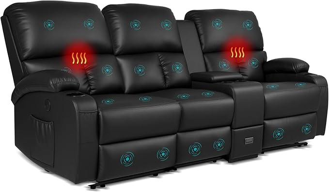 Home Theater Seating,RV Recliner Sofa with Massage and Heat,Manual RV Recliner Loveseat with USB/Cup Holders and Side Pocket for Living Room,3 Loveseat Black