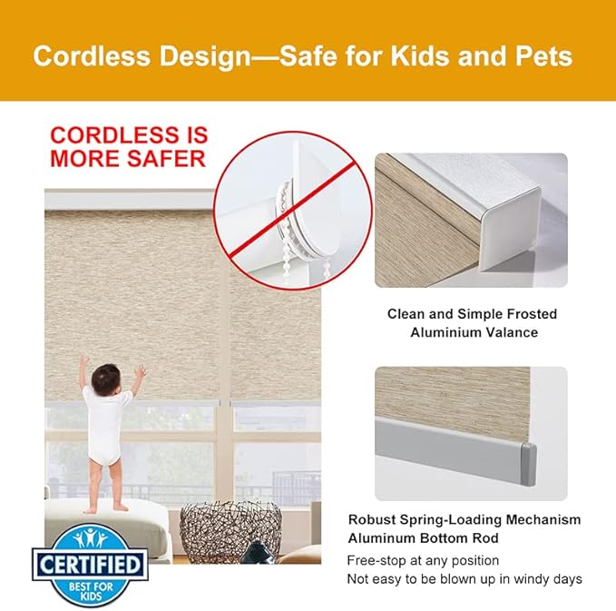 Persilux Free-Stop Cordless Light Filtering Roller Shades for Windows (Khaki 27" x 72") Natural Woven Fabric UV Protection Privacy Roller Blinds for Windows Blinds for Doors, Home, Office, Kitchen