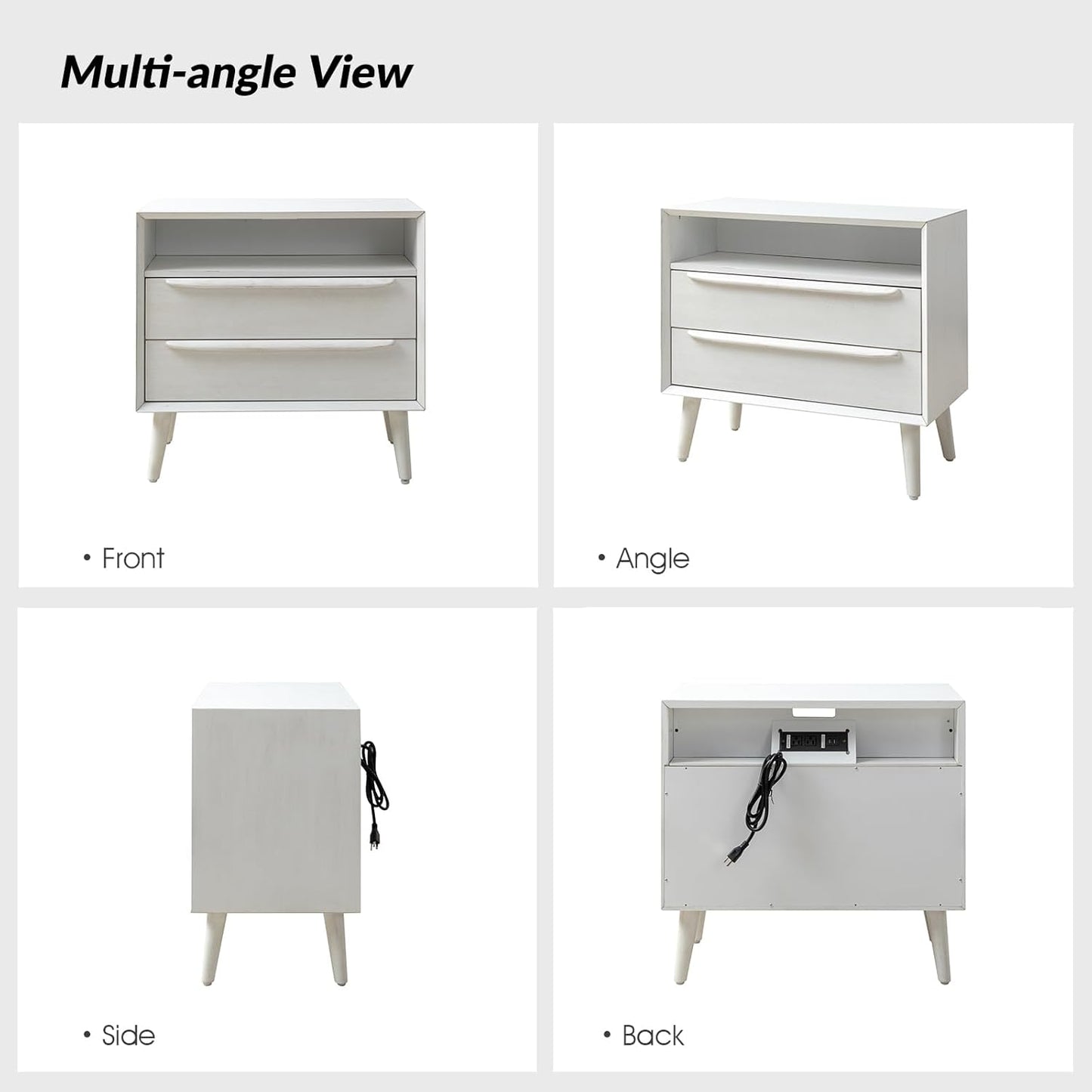 HULALA HOME Nightstand with Charging Station, Set of 2 Mid-Century Modern 2 Drawer and Open Shelf Dresser for Bedroom, Fluted Bedside Table, White