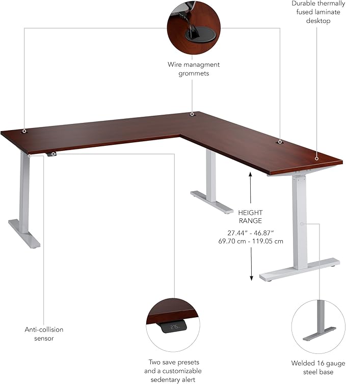 Bush Business Furniture 72-inch Height Adjustable L Shaped Standing Desk, Electric Sit-Stand Corner Computer Table, Ergonomic Office, Move 60 Series, Hansen Cherry with Metallic Gray Base