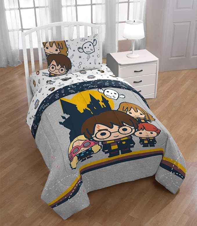 Jay Franco Kids Sheet Set with Fitted, Flat Sheets & Pillow Cover - Ultra-Soft Bedding with Pillowcase for Room Decor, White - Harry Potter, 3 Piece Twin