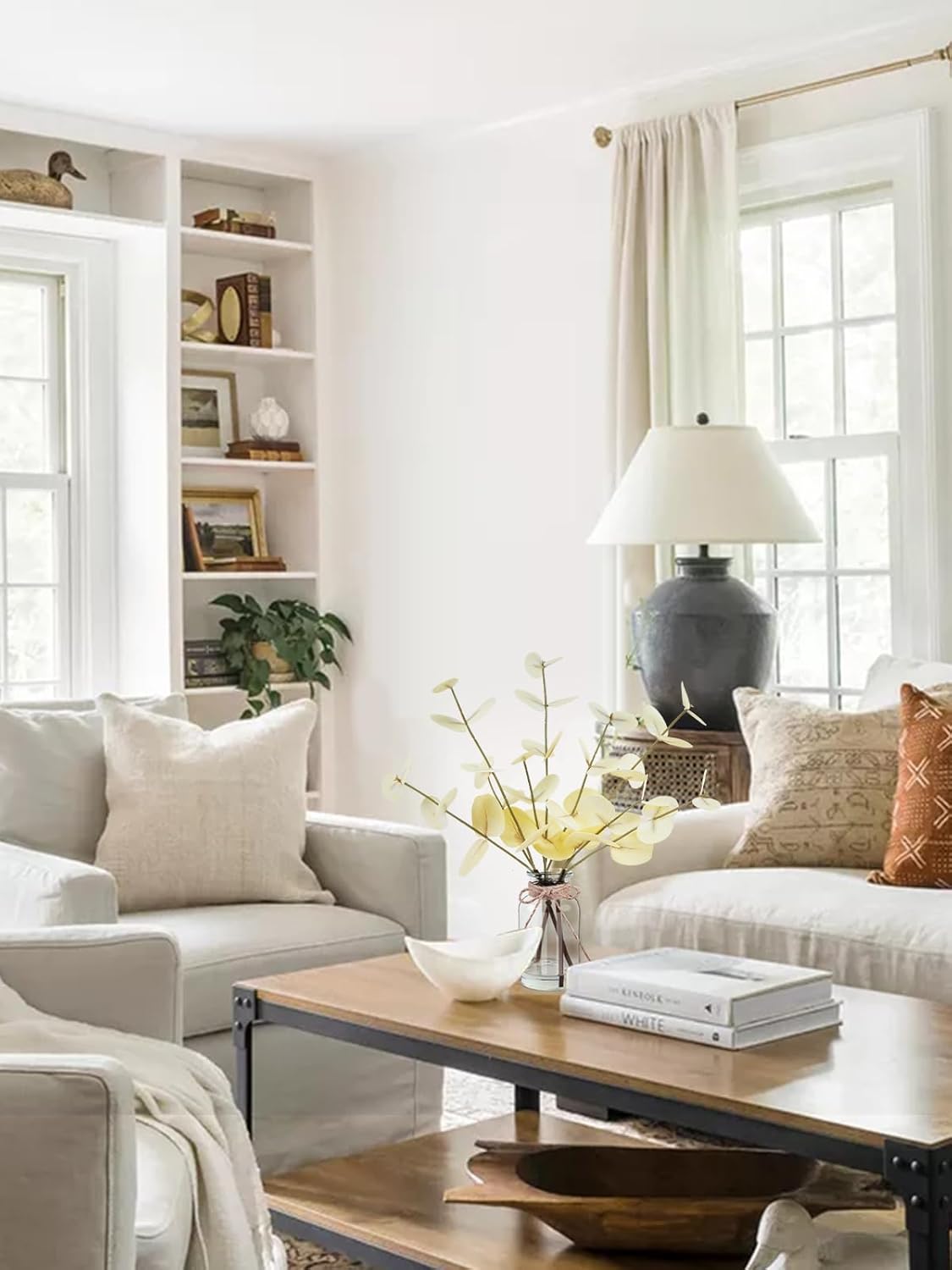 Artificial Eucalyptus Stems in Glass Vase with Faux Water, 14" Fake Plants for Home Decor, Coffee Table Centerpieces, Office, Bathroom & Farmhouse Weddings - Faux Plants Decorations