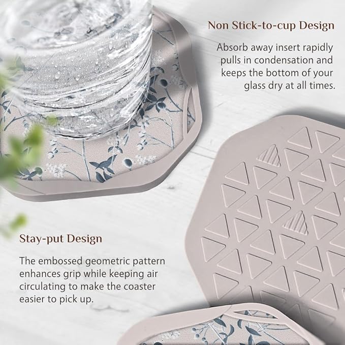 UMIRRO Absorbent Coasters for Drinks, Floral Silicone Cup Coaster with Felt Insert for Table Decor, Small Unique Birthday Gift Ideas for Coffee Lover, Men Dad Him Women Mom Her, 4", Set of 4