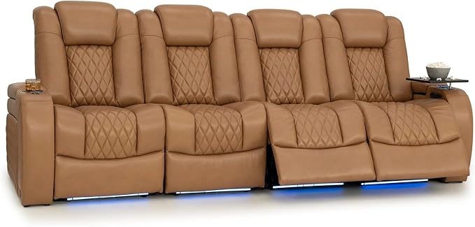 Seatcraft Diamante Zero-Gravity CoolZero Italian Leather Home Theater Seating, Power Headrest, Power Recline, Row of 4 Sofa, Tan Oak
