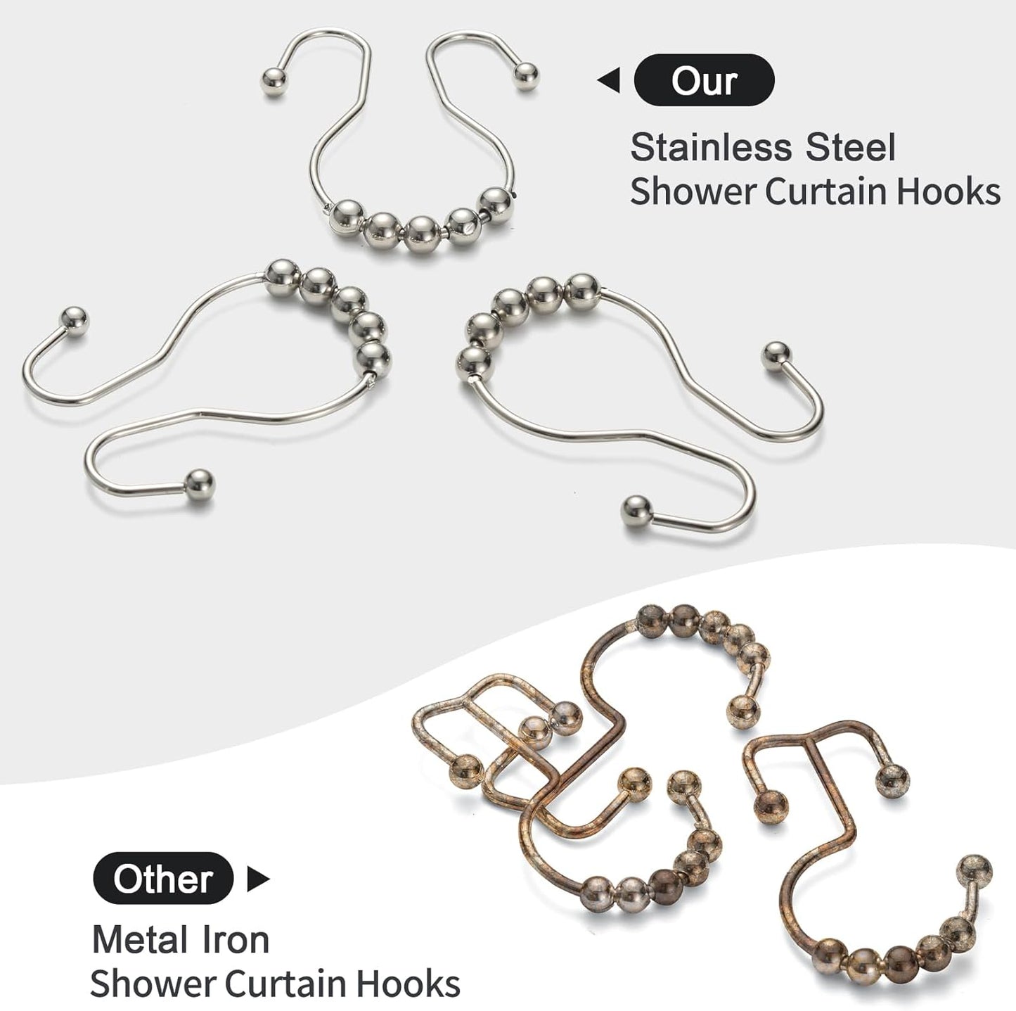 Goowin Shower Curtain Hooks, 12 Pcs Shower Curtain Rings, Stainless Steel Brush Nickel Shower Curtain Hooks Rings Rust Proof, Smooth Sliding Anti-Drop Double Shower Hooks for Shower Curtain (Nickel)