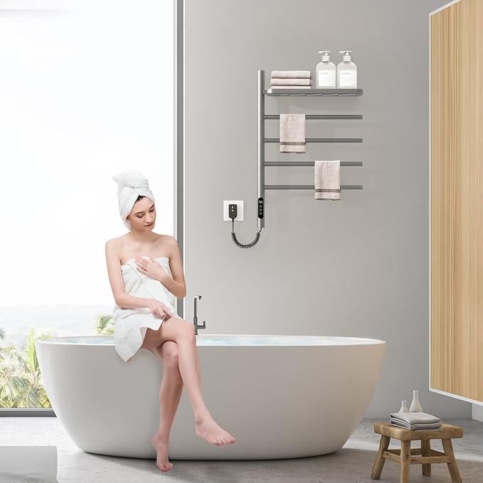 Swivel Heated Towel Rack, Wall Mounted Electric Towel Warmer Rack for Bathroom, 4 Round Bars Swivelable Towel Dryer with Tray, Towel Heater with Built-in Timer,for bathroom,Salons & Spas(G64-Gun Gray)