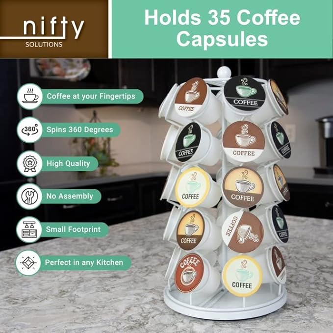 Nifty K Cup Holder – Compatible with K-Cups, Coffee Pod Carousel | 35 K Cup Holder, Spins 360-Degrees, Lazy Susan Platform, Modern White Design, Home or Office Kitchen Counter Organizer