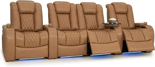 Seatcraft Diamante Zero-Gravity CoolZero Italian Leather Home Theater Seating, Power Headrest, Power Recline, Row of 4 Middle Loveseat, Tan Oak