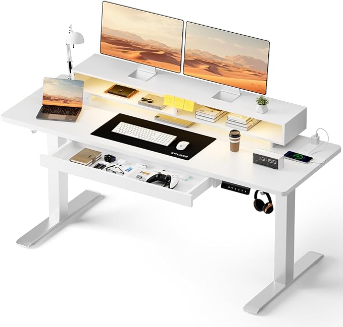 GTPLAYER Electric Standing Desk with Drawers, 55 x 24 Inch Height Adjustable Gaming Desk with Monitor Stand, Power Outlets & LED Lights, Home Office Sit Stand Up Desk with Memory Preset (White)