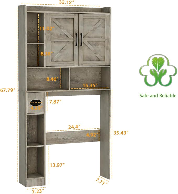 Over The Toilet Storage Cabinet, Farmhouse Storage Cabinet Over Toilet with 2 Barn Door & Toilet Paper Holder Stand，Home Space-Saving Toilet Rack, for Bathroom, Restroom, Laundry