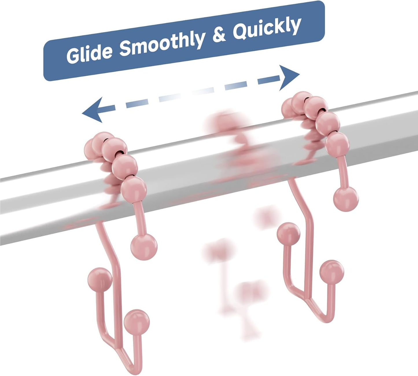 Titanker Shower Curtain Hooks Rings, Rust-Resistant Metal Double Glide Shower Hooks for Bathroom Shower Rods Curtains, Set of 12 Hooks - Light Pink