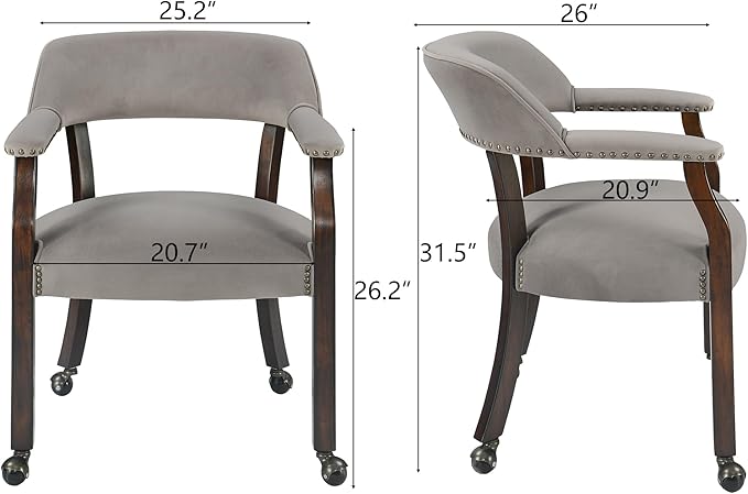 Dinning Chairs with Wheels and Arms Set of 4, Solid Wood Office Desk Chairs with Frosted Velvet Upholstered, Classic Swivel Accent Chairs, 31.5" H Boss Caption's Chair for, Warm Grey XXY-HT22-TP