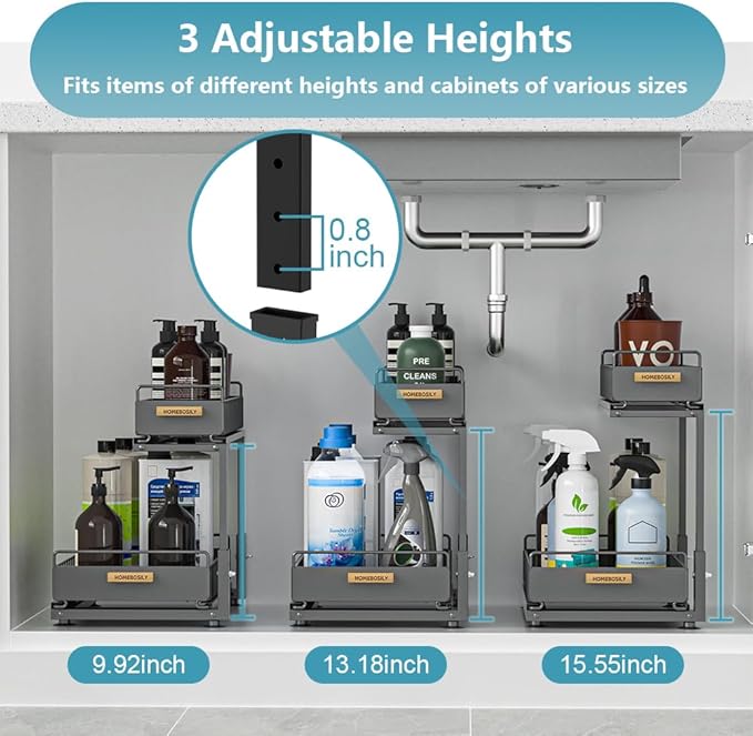 Under Sink Organizer, Pull Out Kitchen Cabinet Organizer, 2-Tier Metal Under Sink Organizers and Storage Height-Adjustable, Kitchen Bathroom Organizers and Storage Shelves, Black