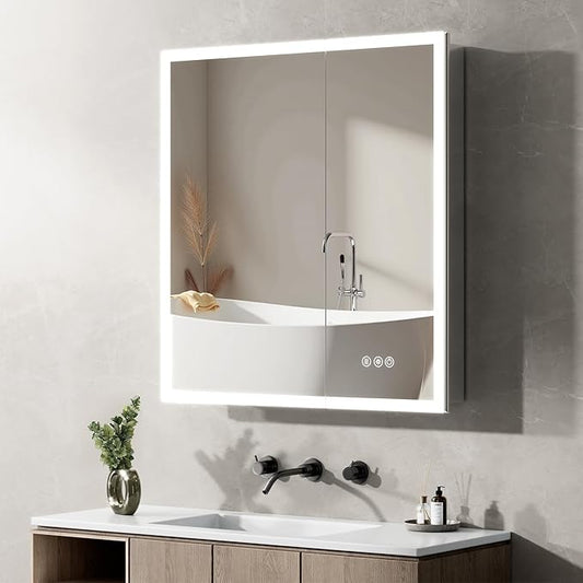 30"x32" Medicine Cabinet Mirror, LED Lighted Medicine Cabinet with Electrical Outlet＆USB, Anti-Fog, 3 Colors Temperature Stepless Dimmable, Aluminum Cabinet for Storage and Mordern Decor