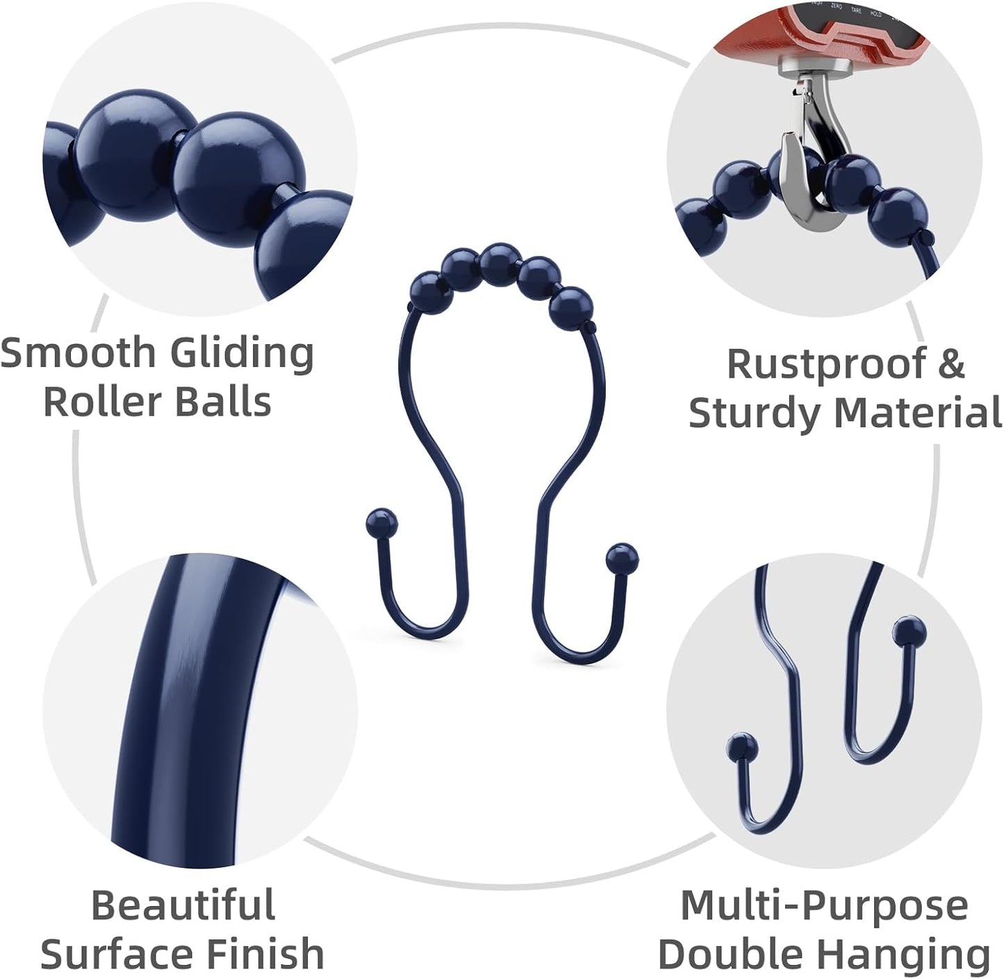 Shower Curtain Hooks, Shower Curtain Rings Rust Proof Navy Blue Double Hook Shower Curtain Hooks, 12 Pcs Shower Hooks for Shower Curtain, Shower Rings for Curtain, Metal Shower Rod Hooks