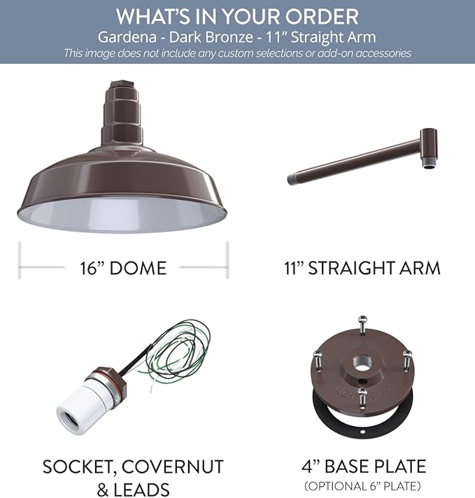 Steel Lighting Co. Gardena Barn Light | Outdoor Wall Mounted | 16" Dome | 11" Straight Arm | Farmhouse Light Made in America | Dark Bronze Exterior/White Interior