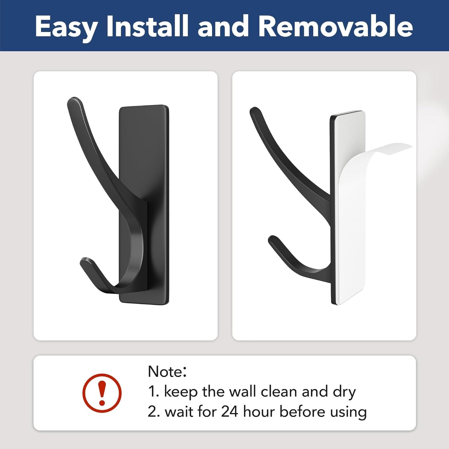 Self Adhesive Coat Hooks for Hanging: Heavy Duty Stainless Wall Hook for Towel, Backpack, Hat, Sturdy Metal Hanger, 6-Pack, Matt Black