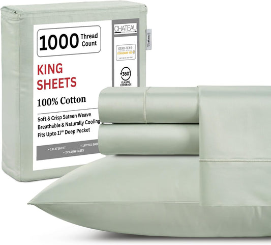 King Bed Sheets Deep Pocket King Sheet Set, 1000 Thread Count Long Staple Fully Elasticated 100% Cotton Sheet & Pillowcase sets, Machine Wash No Pill Naturally Breathable Cotton Bedding- Mineral