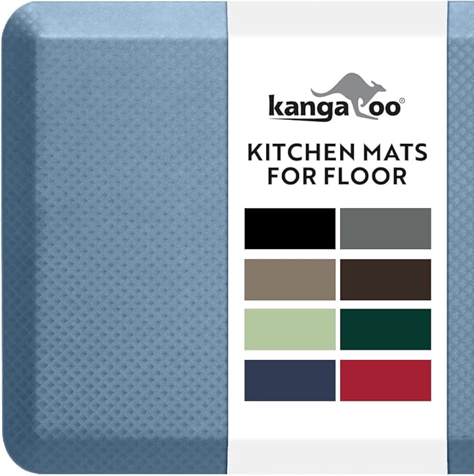 KANGAROO Thick Ergonomic Anti Fatigue Mats for Kitchen Floor, 48x20, Cushioned Standing Office Desk Mat, Waterproof Scratch Resistant Topside, Supportive All Day Comfort Padded Foam Rugs, Sky Blue