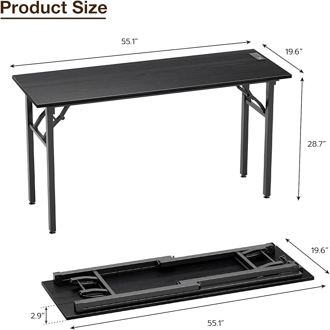 TEMI Long Computer Desk Folding Table - No Assembly, Compact 55.1" Foldable Desk with Power Outlets & USB Charging Port, Portable Lagre Office Desk, Study Table for Narrow Spaces, Dark Oak