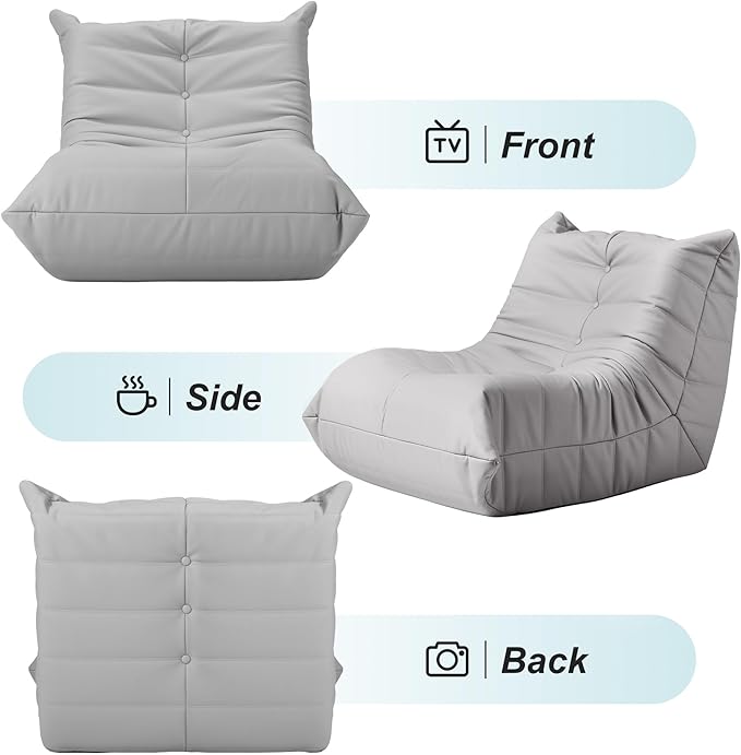 Hobestluk Giant Bean Bag Chair Lazy Floor Sofa, Memory Foam Fireside Sofa for Adults, Big Beanbag Faux Leather Armless Chair for Living Room Bedroom Dorm Office (Light Grey, Single)