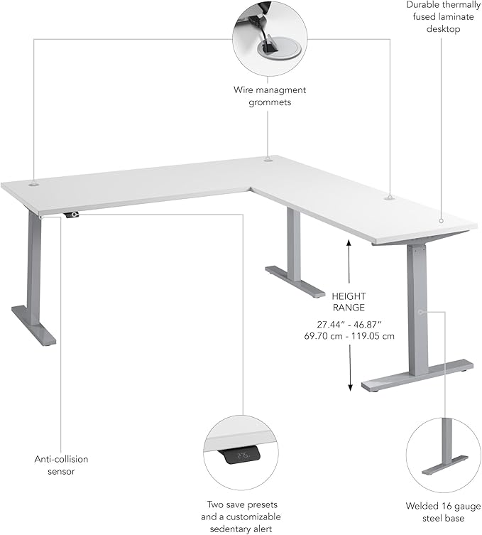 Bush Business Furniture 72-inch Height Adjustable L Shaped Standing Desk, Electric Sit-Stand Corner Computer Table, Ergonomic Office, Move 60 Series, White with Metallic Gray Base