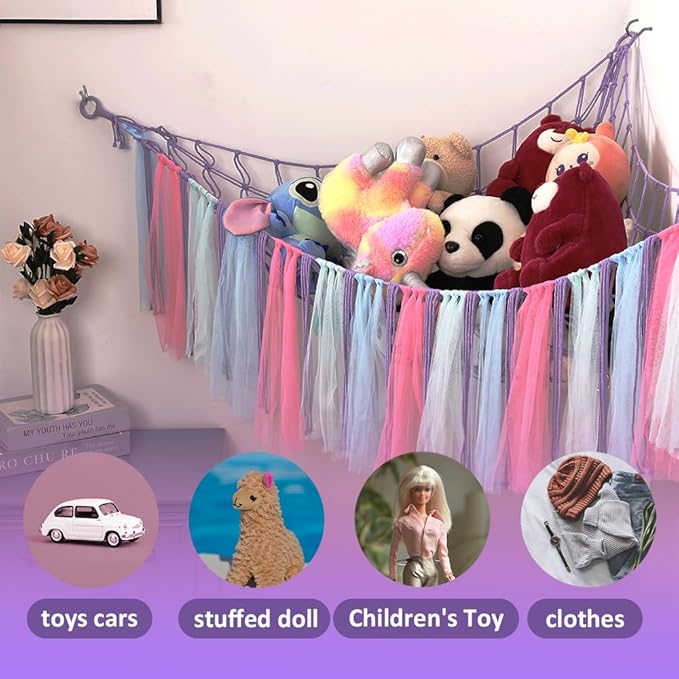 Stuffed Animal Toys Hammock with LED Light, Stuffed Doll Hanging Corner Holder for Home Storage, Large Hanging Net -Display Teddies for Bedroom, Purple Decor Organizer