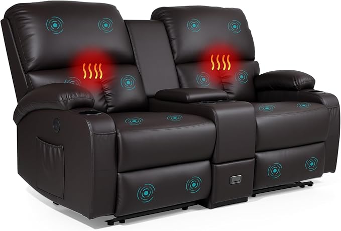 Home Theater Seating,RV Recliner Sofa with Massage and Heat,Manual RV Recliner Loveseat with USB/Cup Holders and Side Pocket for Living Room,Loveseat Brown