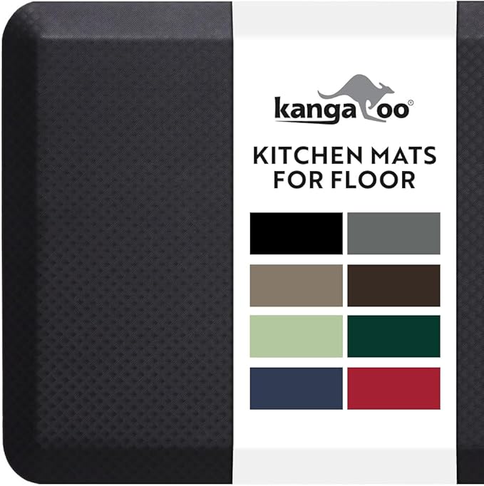 KANGAROO Thick Ergonomic Anti Fatigue Mats for Kitchen Floor, Cushioned Standing Office Desk Mat, Waterproof Scratch Resistant Topside, Supportive All Day Comfort Padded Foam Rugs, 20x32, Black