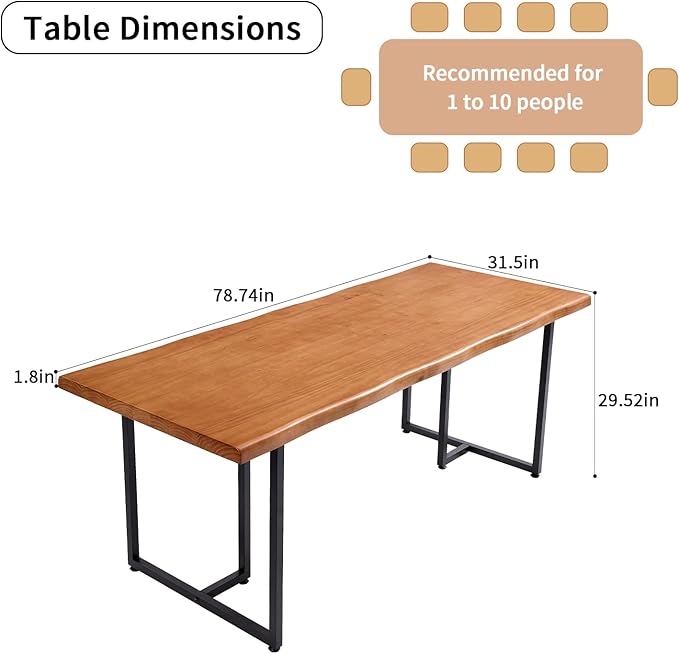 Solid Wood Administrative Desk, Dining Table with Durable Metal Legs, Uniquely Designed Leisure Table, Perfect for Restaurants and Home Offices, (Wood Brown, 78.74in)