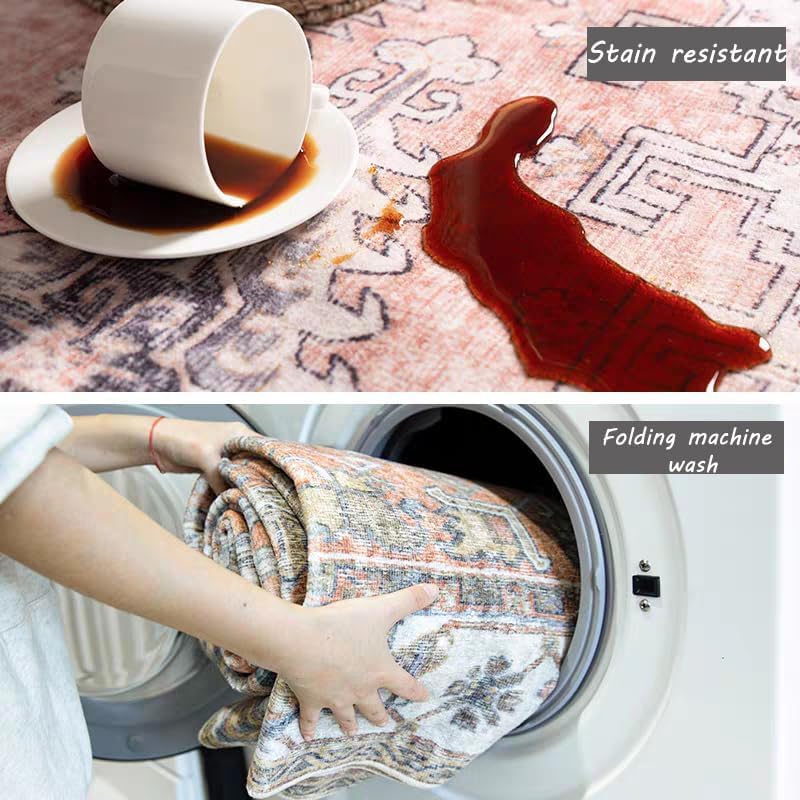 Washable Area Rug 10x14 Boho Chic Medallion Distressed Design Non-Shedding Easy Care Ideal for High Traffic Areas in Living Room Bedroom Office Coffee Table Large Carpet