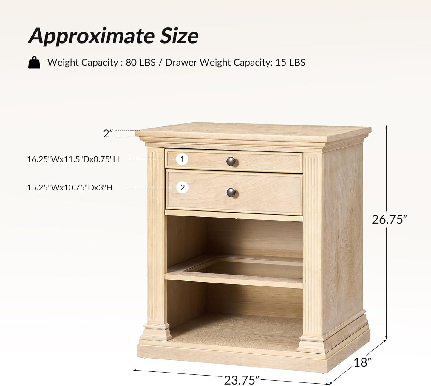 HULALA HOME Wood Nightstand with Tray and Storage Shelves, Traditional Design with Roman Column, End Table with Charging Station/LED, Natural