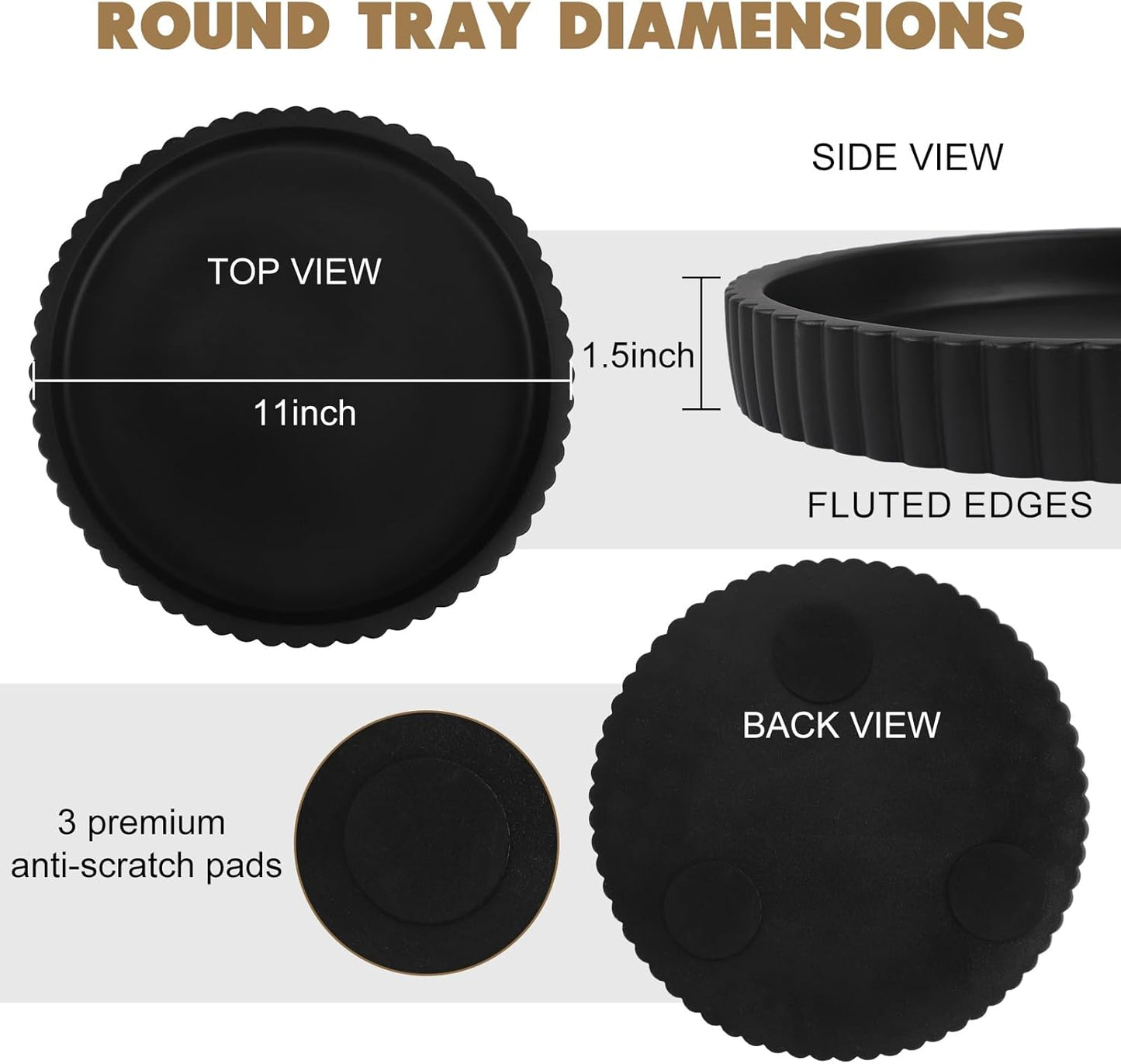 Round Decorative Tray for Coffee Table Decor-Modern Home Decor Tray-Concrete Coffee Table Serving Tray-Centerpiece Table Tray-Ottoman,Vanity, Bathroom, Kitchen,Dresser (Black)