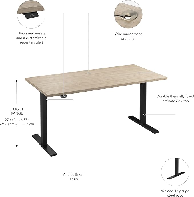 Bush Business Furniture Move 60 Series 60W x 30D Electric in Natural Elm with Black Base, Ergonomic Sit-Stand Computer Table for Home and Professional Office