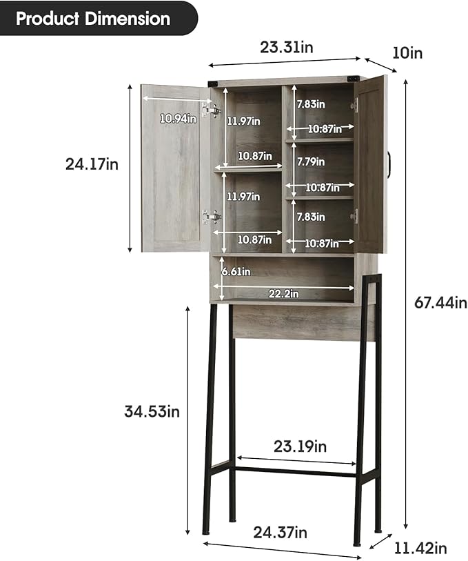 Over The Toilet Storage Cabinet with 2-Door Design Bathroom Organizers and Storage with Anti-Tip Device Over Toilet Organizer with Shelves for Bathroom,Restroom,Laundry Grey