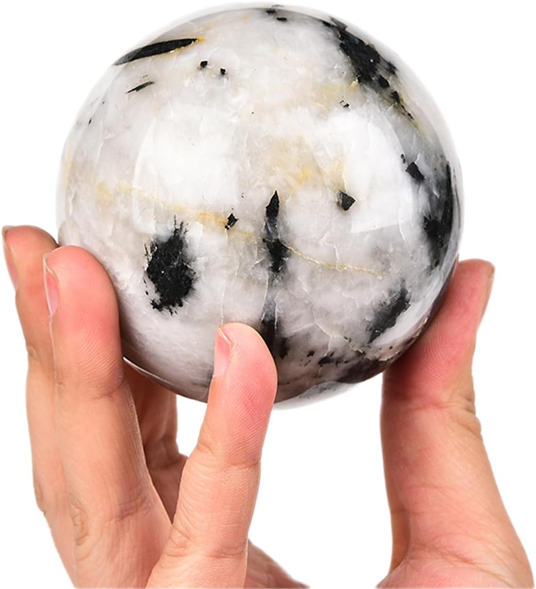 JIC Gem Black and White Tourmaline Crystal Sphere with Wooden Stand,Decorative Crystal Ball Black&White Gemstone Sphere for Meditation,Feng Shui,Witch-Style Decor,Office Table Decorations 70-80mm