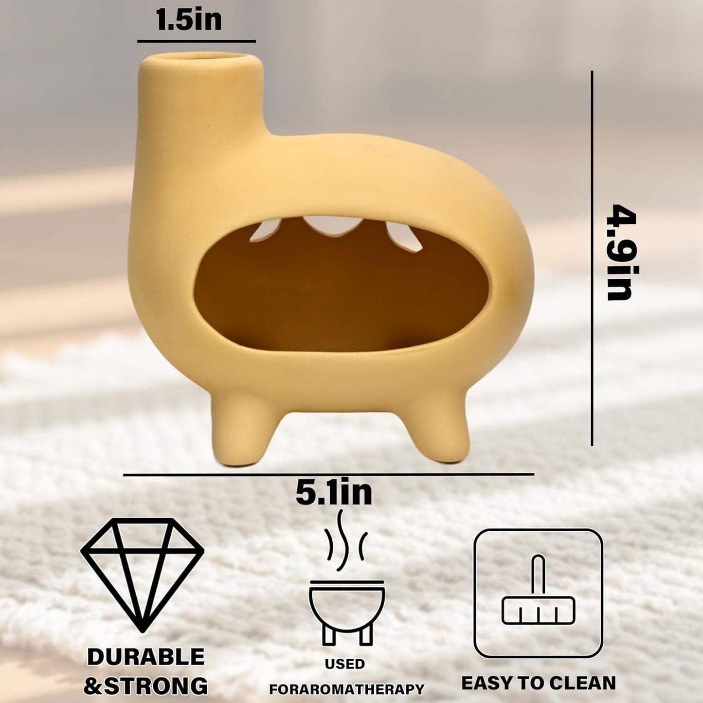 Elegant Handcrafted Ceramic Palo Santo Burner-Yellow Terracotta Footed Incense Holder for Meditation,Compatible with Wood Sticks,Sage,Ash&Cones-Mini Aromatic Home Altar with Chimney Design