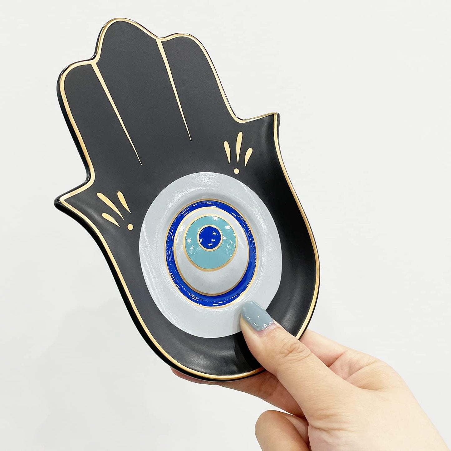 Ceramic Hamsa Hand Incense Holder - 2 in 1 Brass Incense Holder for Sticks and Coil Incense- Zen Decor with Hand of Fatima Design Protection from Evil - 6.2" L X 4.5" W (Blackeye)