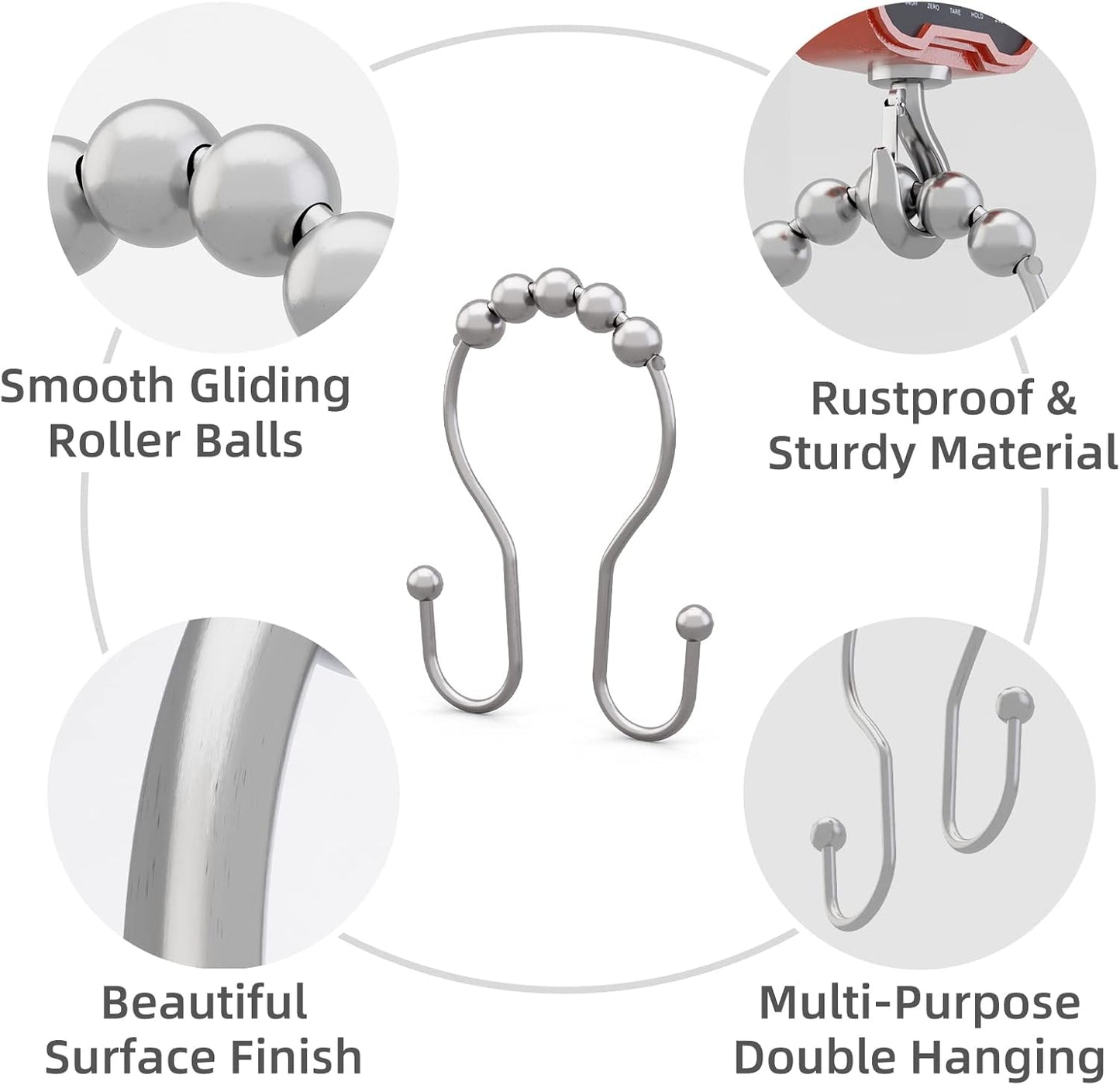 Shower Curtain Hooks Chrome Shower Curtain Rings Rust Proof, Smooth Glide Double Shower Curtain Hooks, 12Pcs Shower Curtain Hangers, Shower Hooks for Shower Curtain Bathroom Shower Rod Hooks