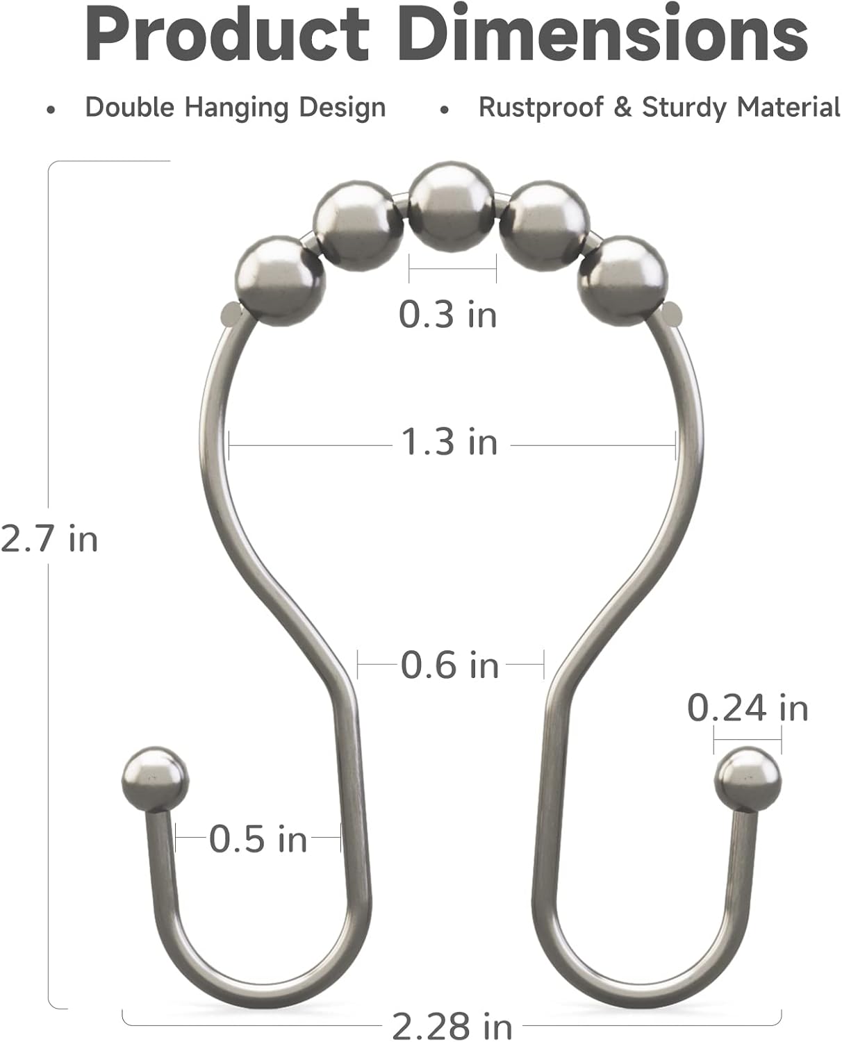 Shower Curtain Hooks Brushed Nickel Shower Curtain Rings Rust Proof, Bathway Balanced Smooth Glide Double Shower Curtain Hooks, Sturdy Shower Hooks for Shower Curtain 12 Pcs Shower Rod Hooks