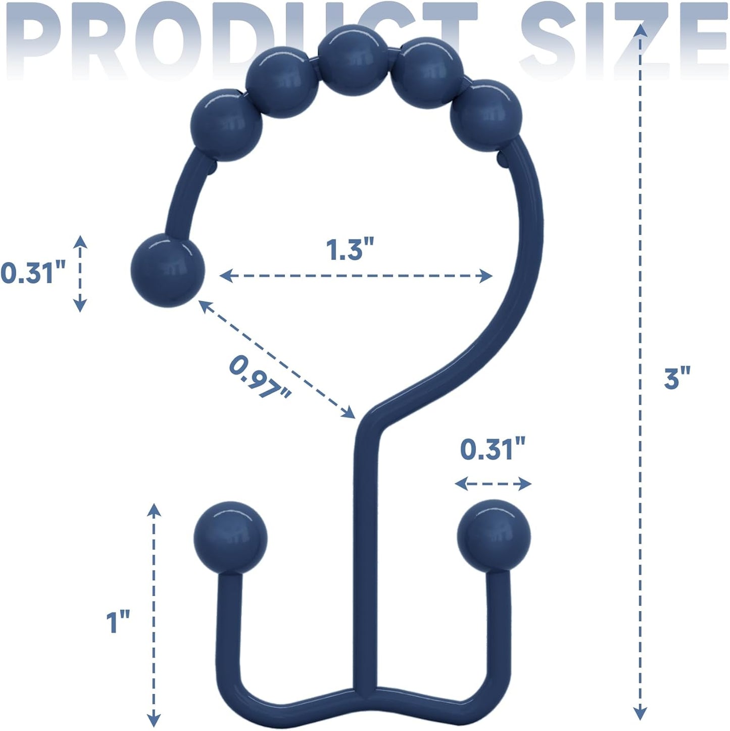 Titanker Shower Curtain Hooks Rings, Rust-Resistant Metal Double Glide Shower Hooks for Bathroom Shower Rods Curtains, Set of 12 Hooks - Navy Blue