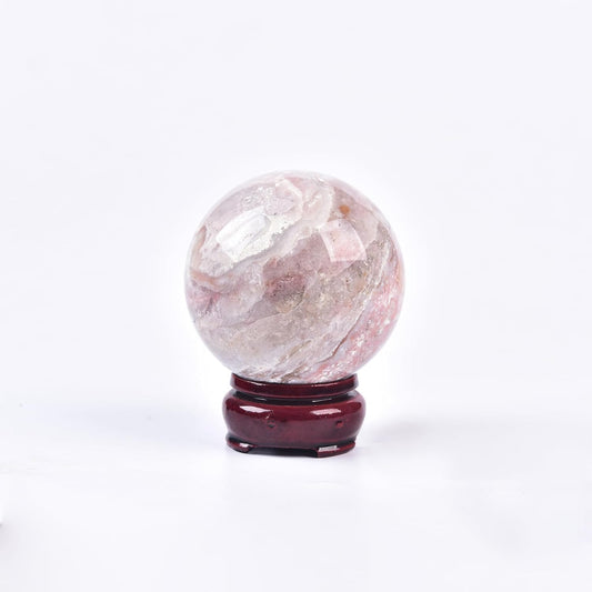 JIC Gem Pink Agate Crystal Ball with Wooden Stand Pink Healing Crystal Sphere Ball for Feng Shui Decor Spiritual Gifts 60-70mm